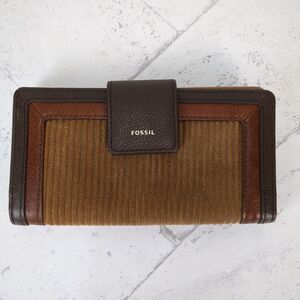 Fossil Logan Leather RFID Tab Clutch Wallet Camel Corduroy Suede Brown Leather